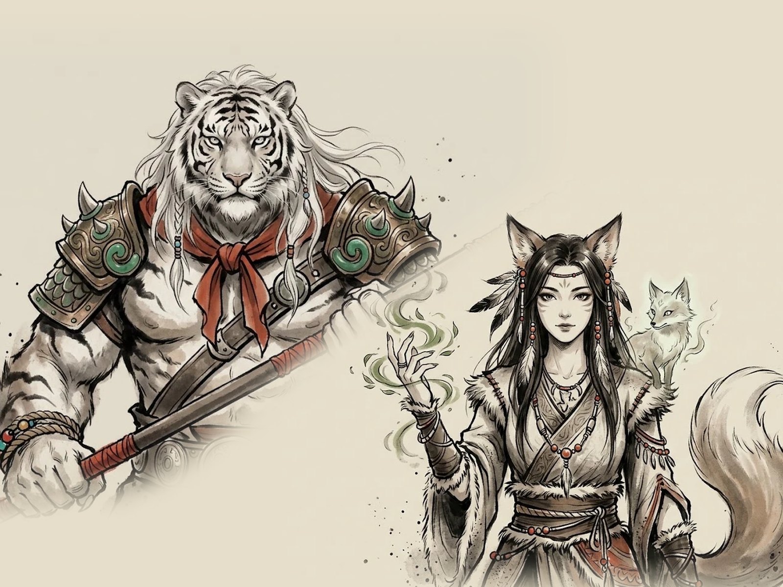 Bárbaro tigre-branco e feiticeira raposa em pintura de nanquim